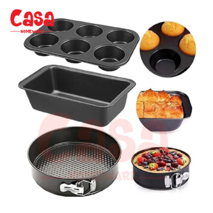 Pack-of 3 Deal Non stick Bread Loaf Pan Round Shape Non stick Cake Mould and 6 Slot Cup Cake Muffin Tray Cake Baking and Decoration Tools Black