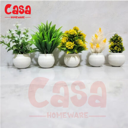 Set of 3 5 Artificial flowers Small Plants 6-Inches High Quality decoration pieces for room in White Pots