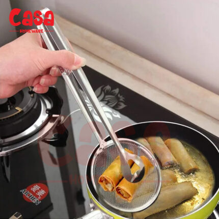 Small Multi functional 2 in 1 Fry Spoon Strainer With Clip Oil Frying BBQ SS Mesh Strainer Kitchen Frying Tool Quick Strain Stainless Steel Tong